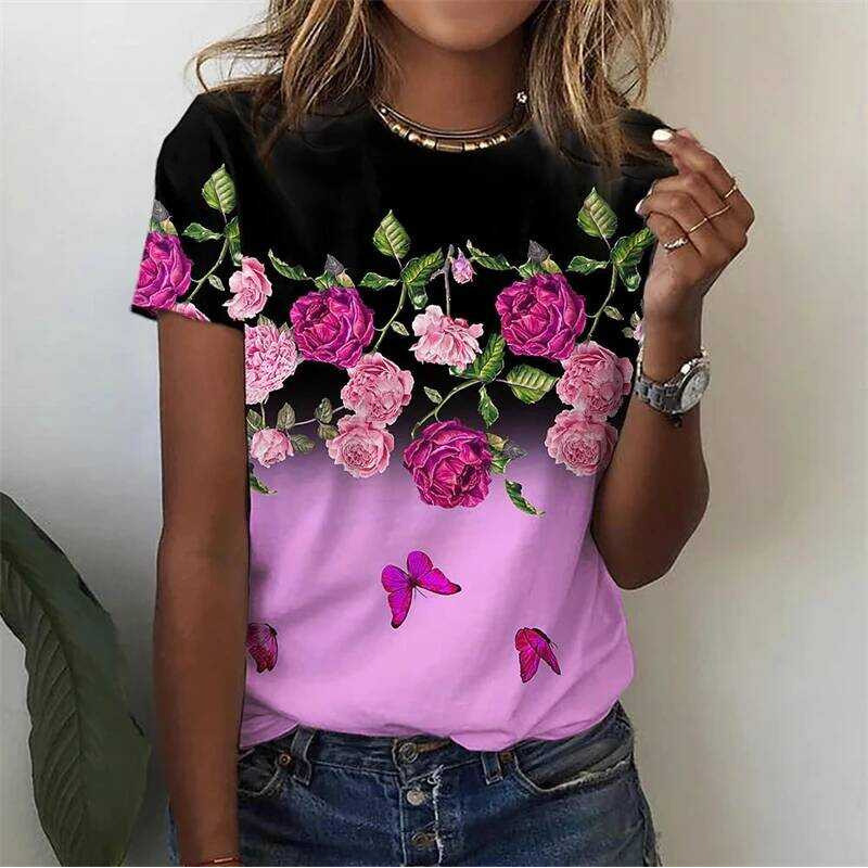 Summer Rose Clothing - تي شيرت نسائي بطبعة زهور وردية